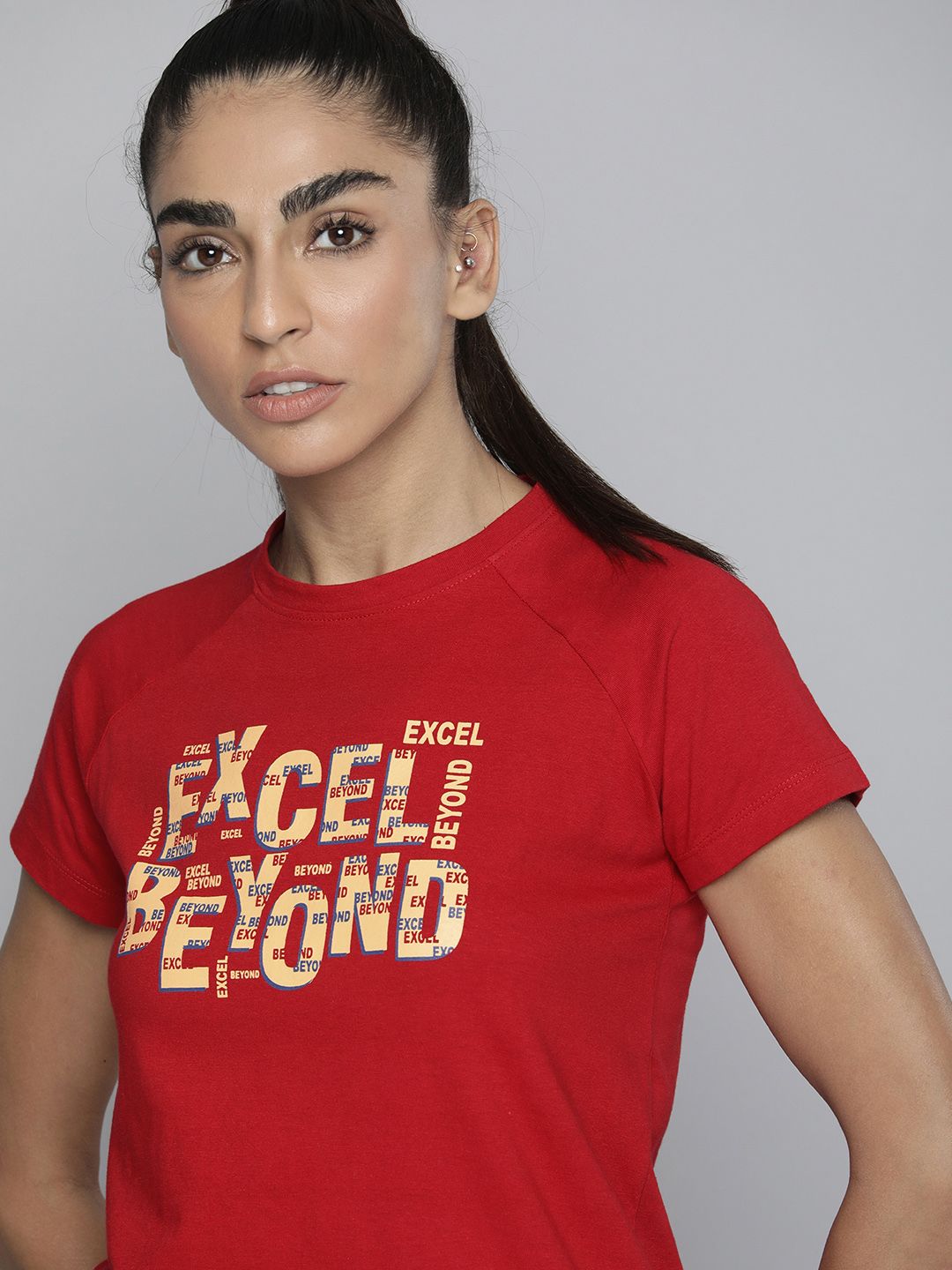 HRX by Hrithik Roshan Women Red & Beige Pure Cotton Typography Printed T-shirt Price in India