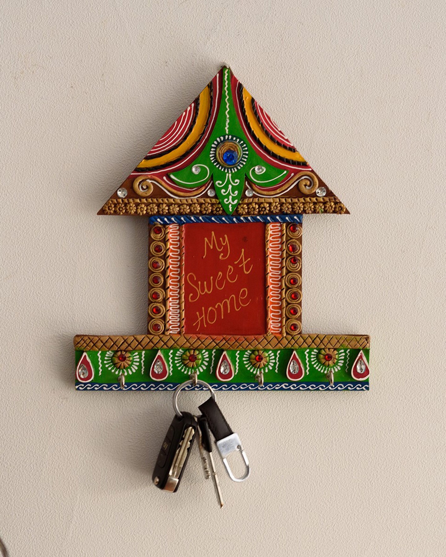 eCraftIndia Green & Red Hut-Shaped Wooden Key Holder Price in India