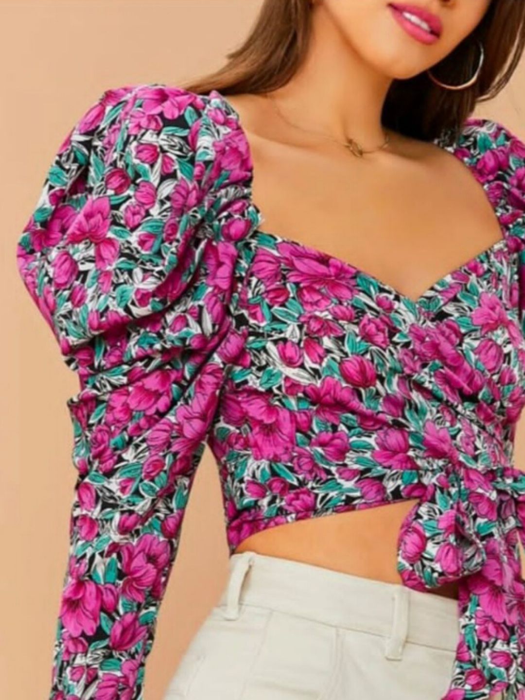 Buy Dream Beauty Fashion Pink Floral Print Sweetheart Neck Crop