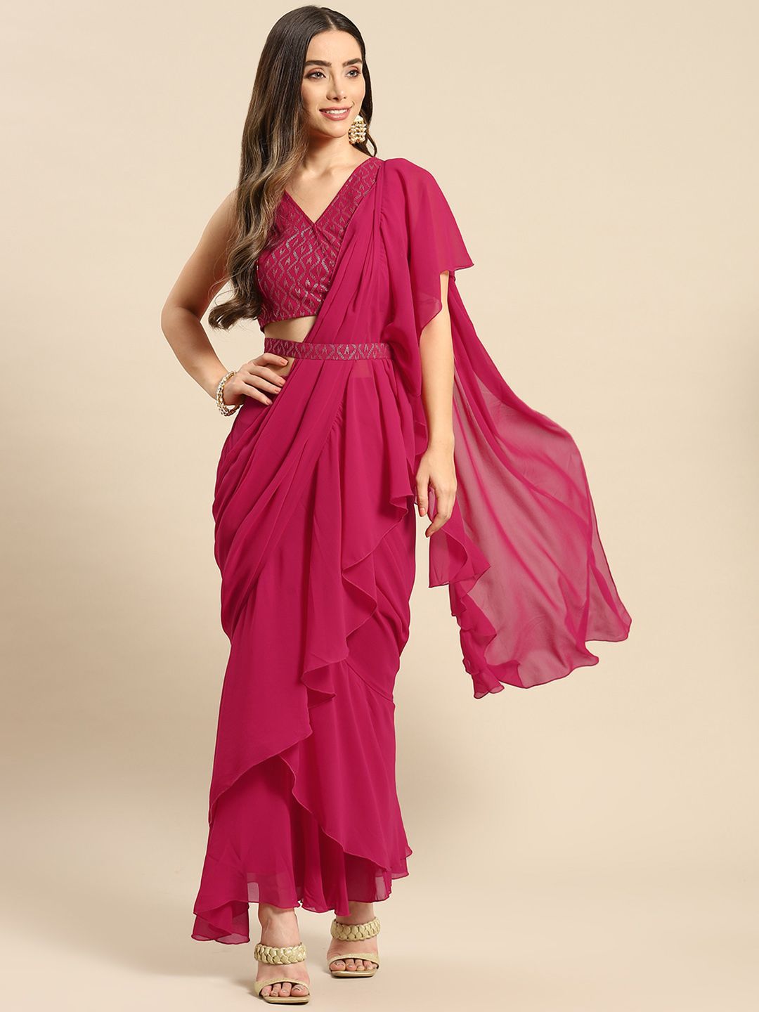 MABISH by Sonal Jain Magenta Ruffled Ready to Wear Saree Price in India