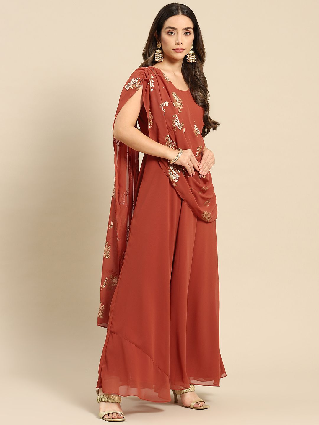 MABISH by Sonal Jain Rust Layered Georgette Maxi Dress With Dupatta Drape Price in India