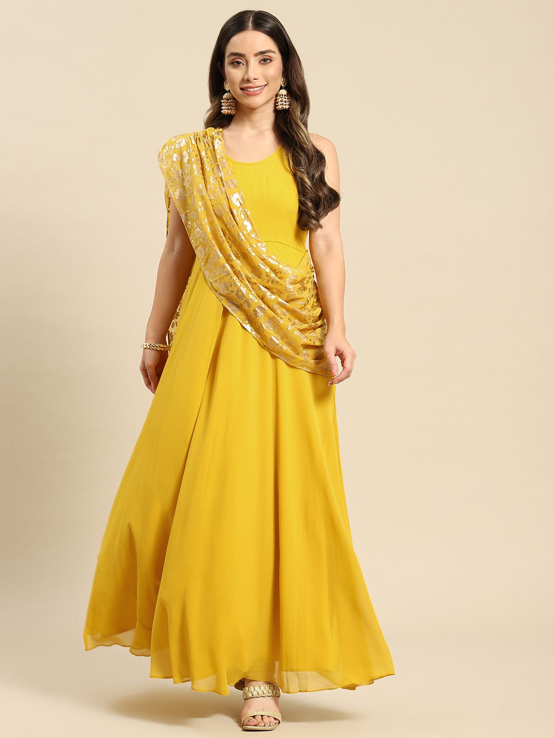 MABISH by Sonal Jain Yellow Layered Georgette Maxi Dress With Dupatta Drape Price in India