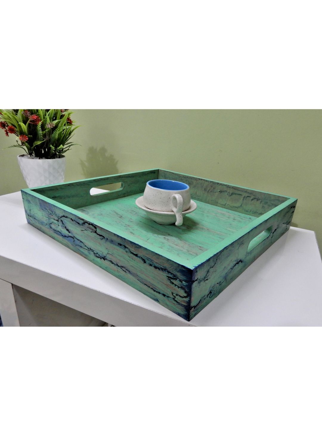Disoo Fashions Mint  Blue Solid Wood Square Serving Tray Price in India