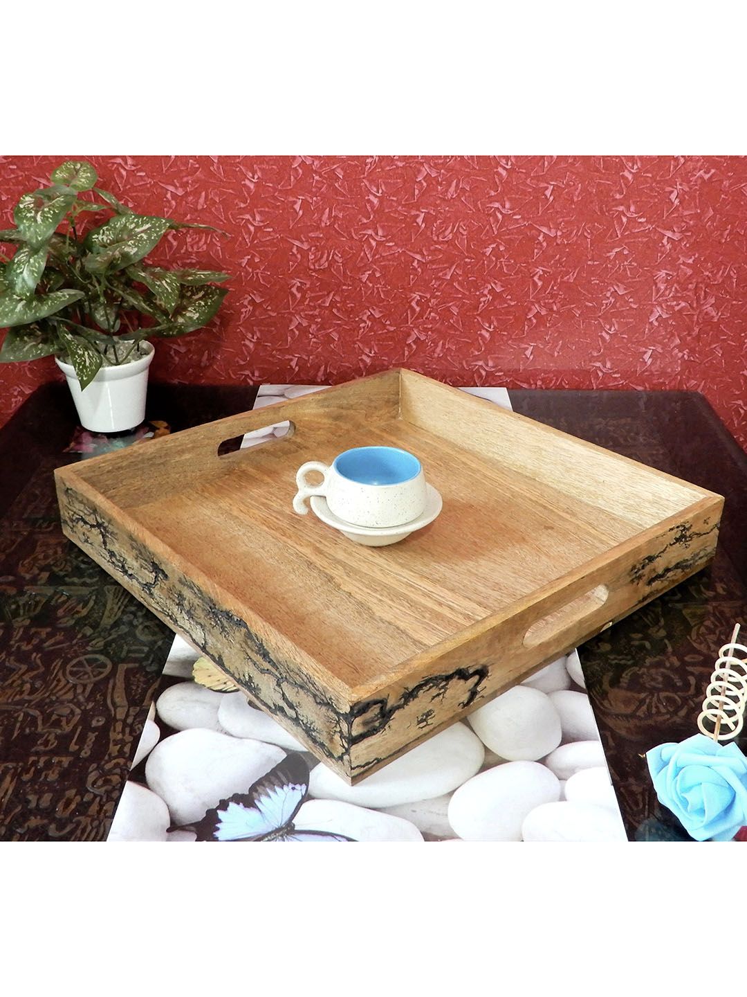 Disoo Fashions Brown Solid Wood Square Tray with Burning Effect Price in India