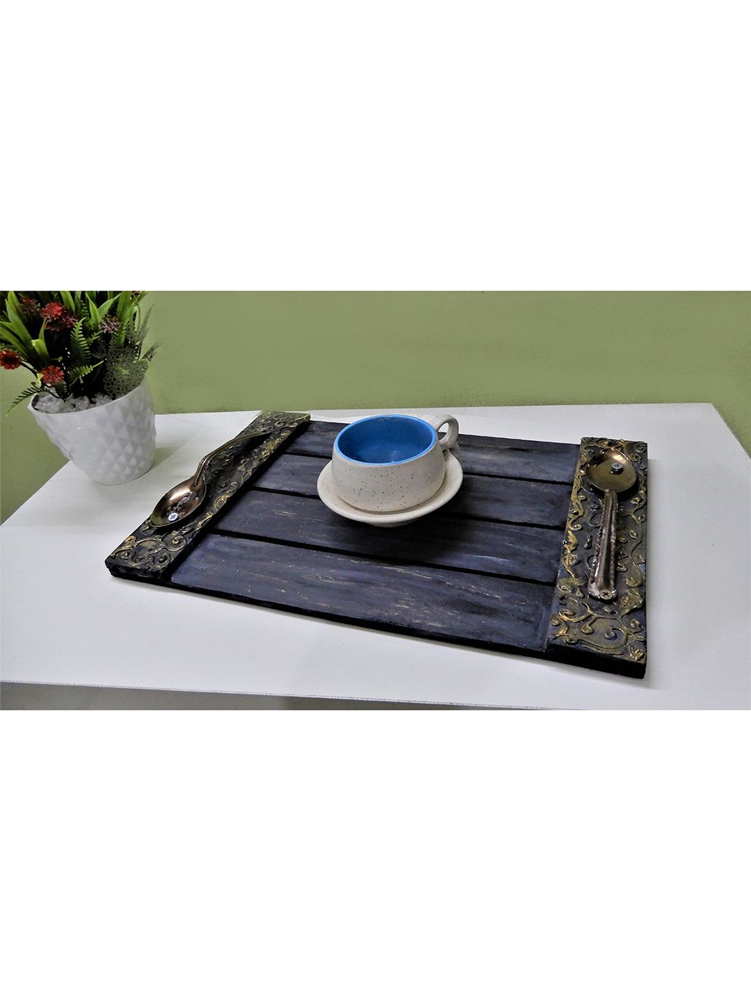 Disoo Fashions Grey & Gold-Toned Handmade Wooden Tray With Spoons Handle Price in India