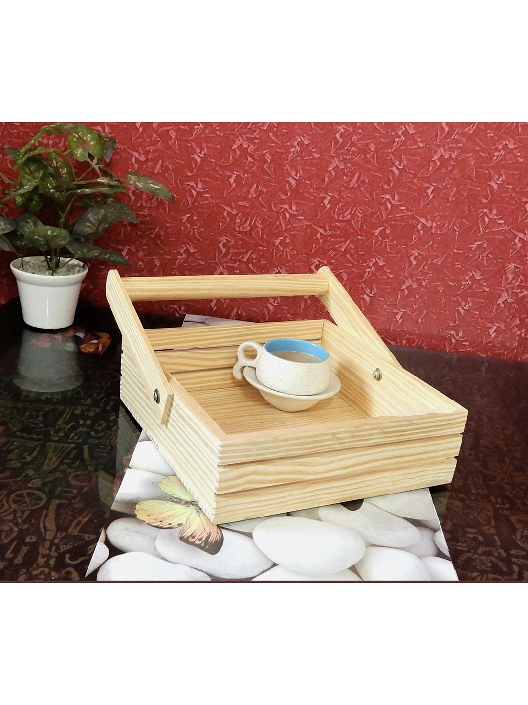 Disoo Fashions Yellow Pinewood Square Serving Tray With Folding Handle Price in India