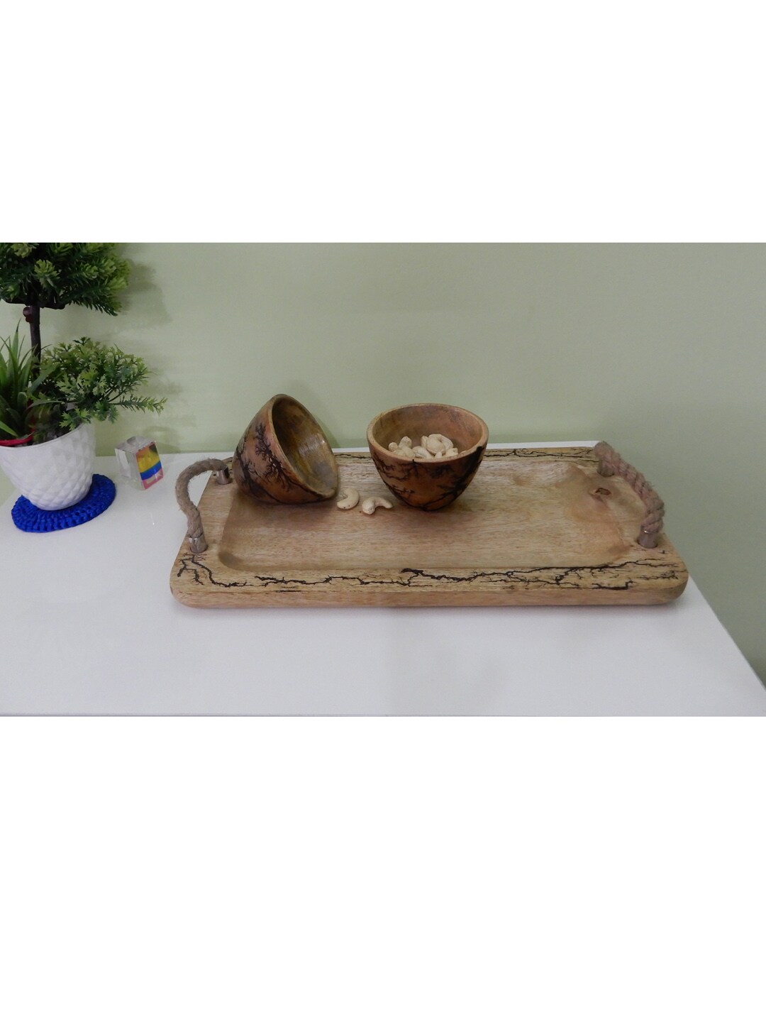 Disoo Fashions Brown Solid Wood Serving Tray Bowl Combo Set With Jute Rope Handle Price in India