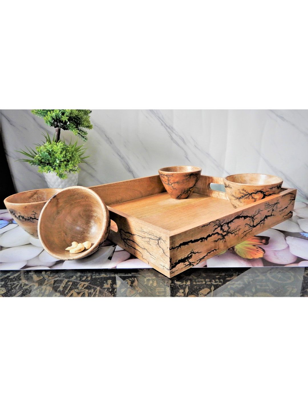 Disoo Fashions Brown Solid Wood Square Tray With 4 Bowls Price in India