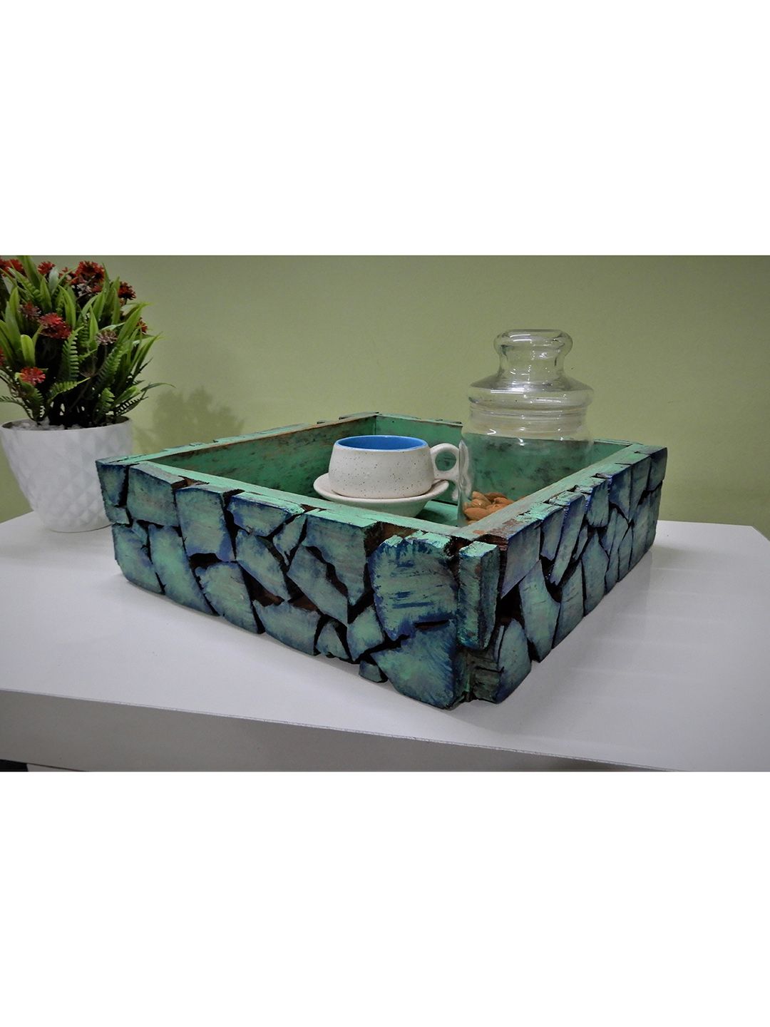 Disoo Fashions Green Solid Sheesham Wood Tray With Mosaic Art Price in India