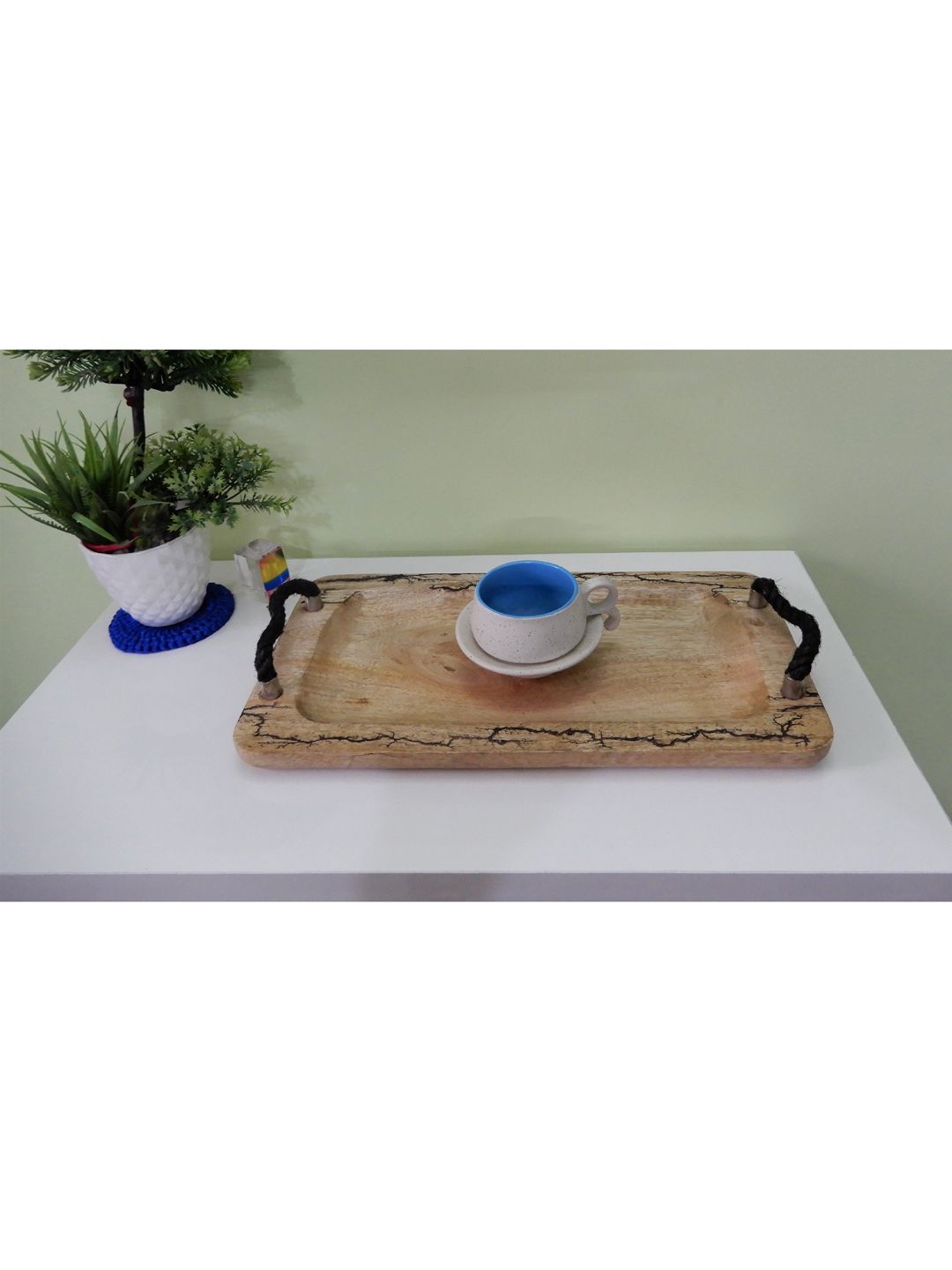 Disoo Fashions Brown & Black Solid Wood Serving Tray With Rope Handle Price in India
