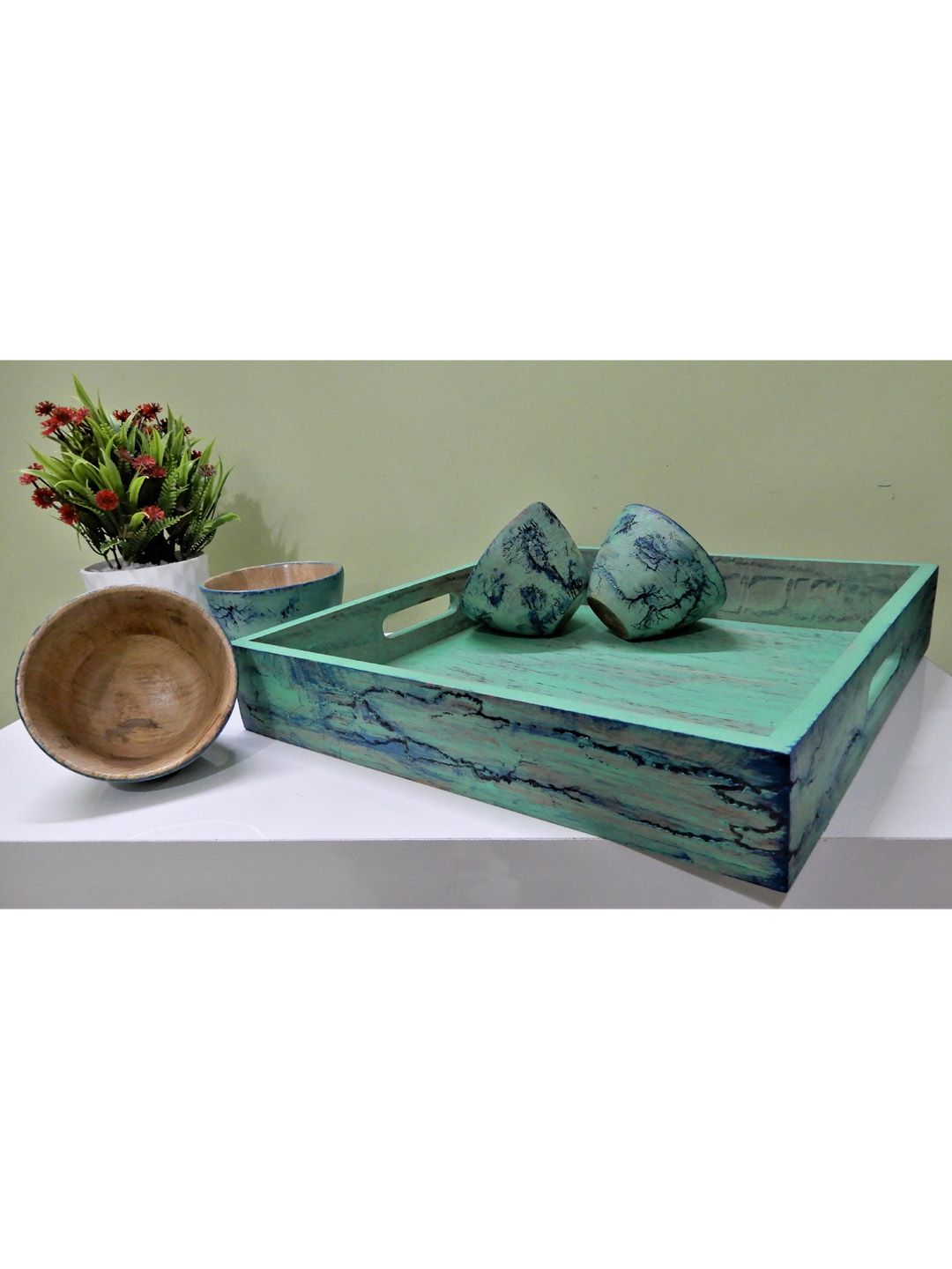 Disoo Fashions Blue Solid Wood Square Serving Tray With 4 bowls Price in India