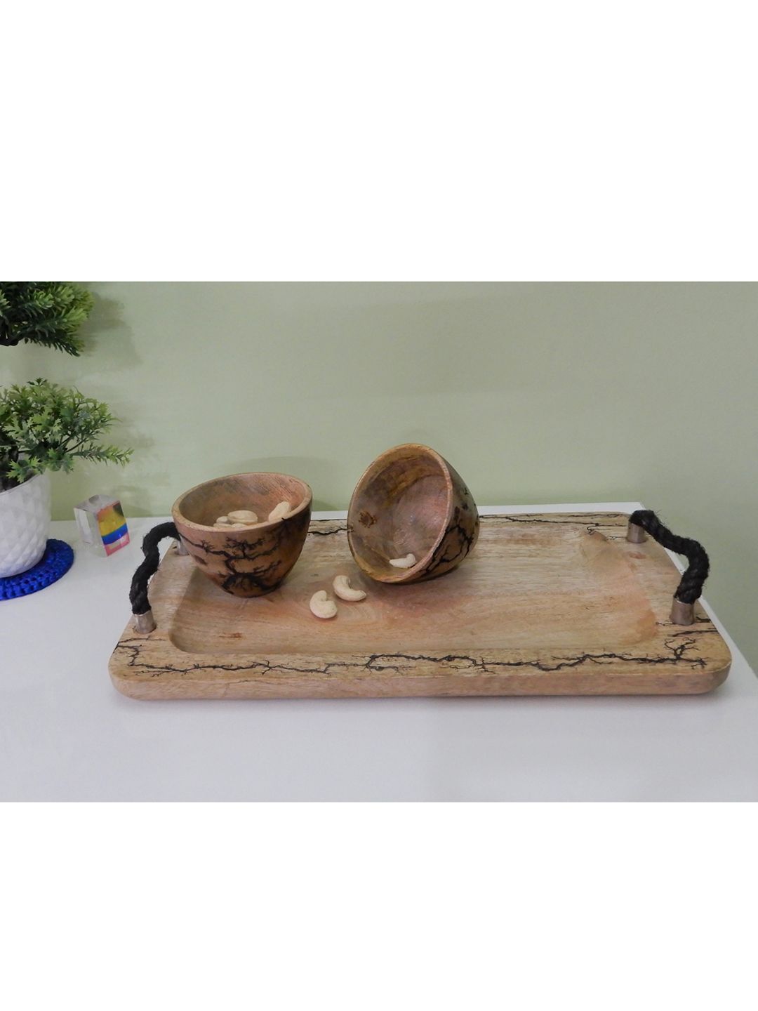 Disoo Fashions Brown Solid Wood Serving Tray Bowl Set With Rope Handle Price in India