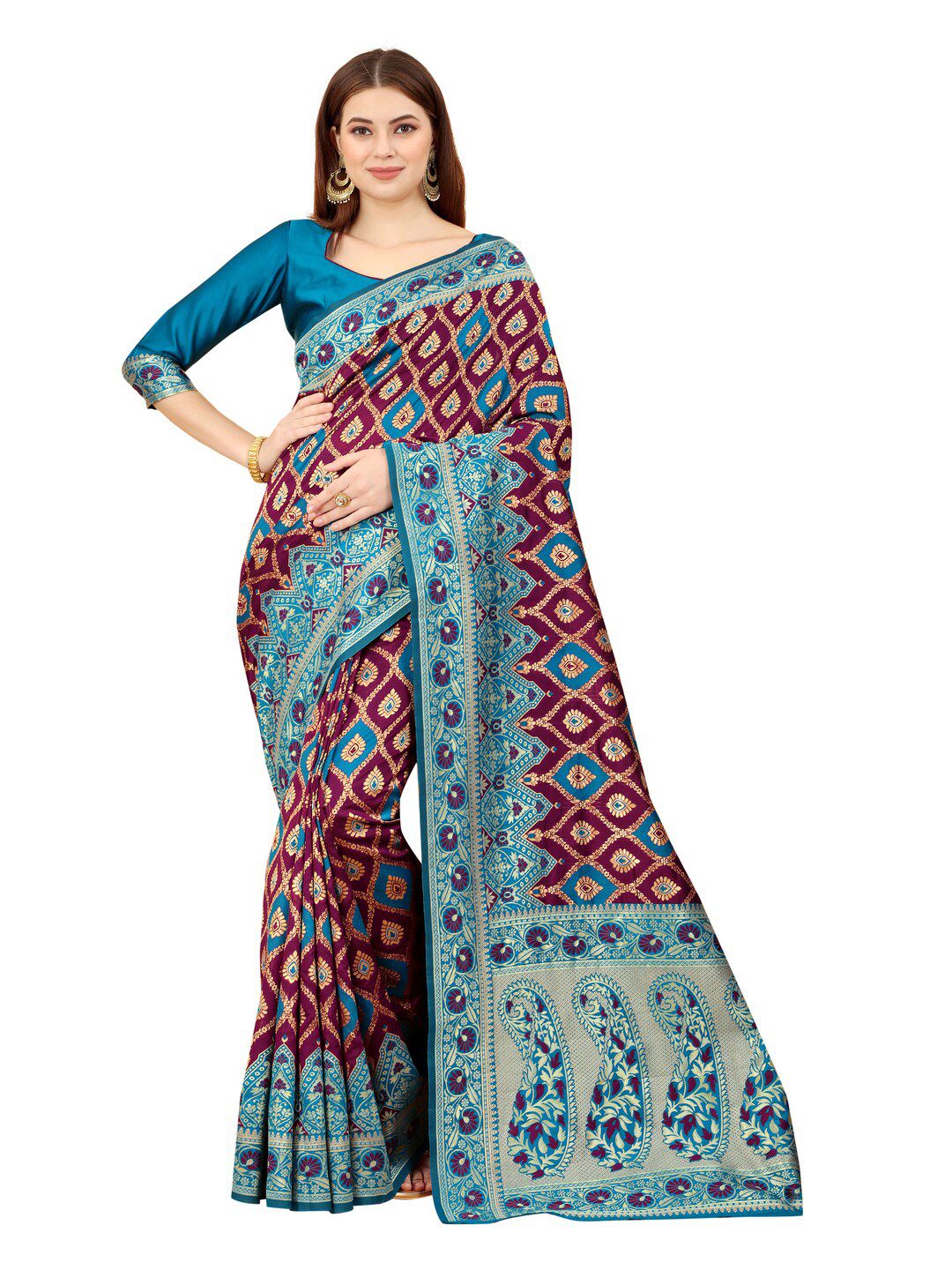 MOKSHA DESIGNS Turquoise Blue & Maroon Woven Design Zari Pure Silk Banarasi Saree Price in India
