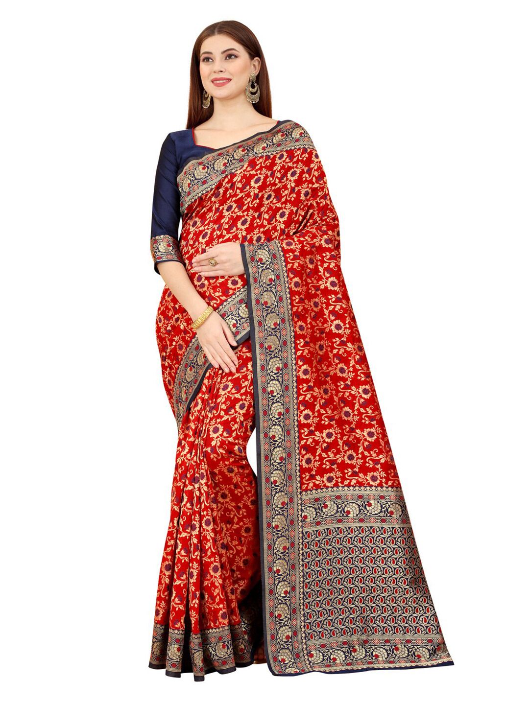 MOKSHA DESIGNS Women Red & Blue Woven Design Zari Pure Silk Banarasi Saree Price in India