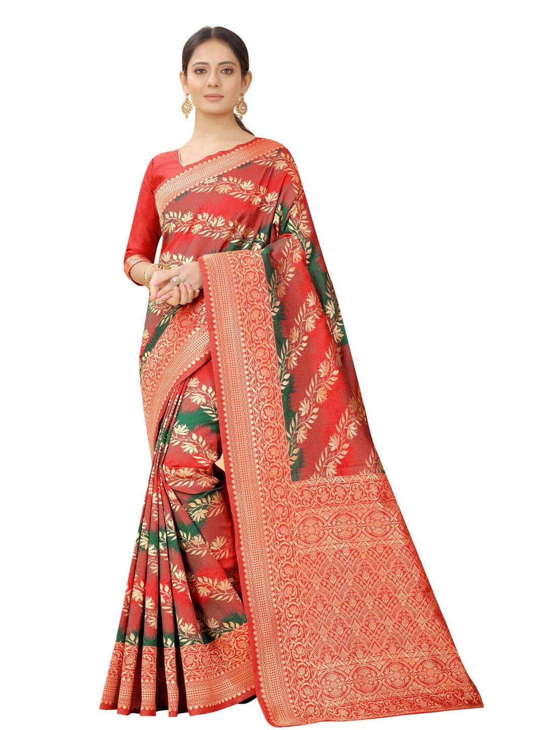 MOKSHA DESIGNS Red & Green Woven Design Zari Pure Silk Banarasi Saree Price in India