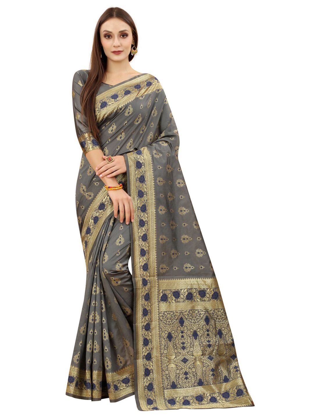 MOKSHA DESIGNS Grey Melange & Blue Woven Design Pure Silk Banarasi Saree Price in India