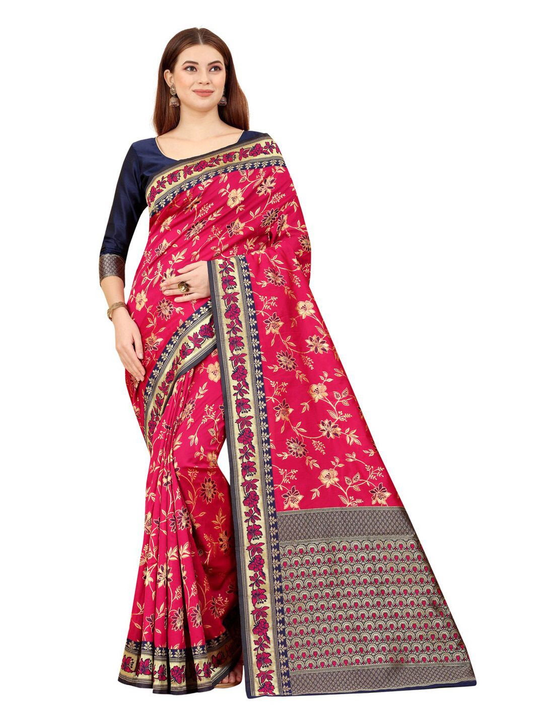 MOKSHA DESIGNS Women Pink & Blue Woven Design Zari Pure Silk Banarasi Saree Price in India