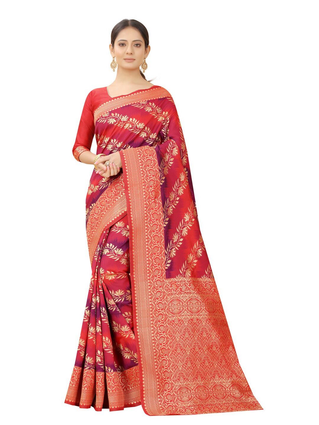 MOKSHA DESIGNS Red & Orange Woven Design Zari Pure Silk Banarasi Saree Price in India