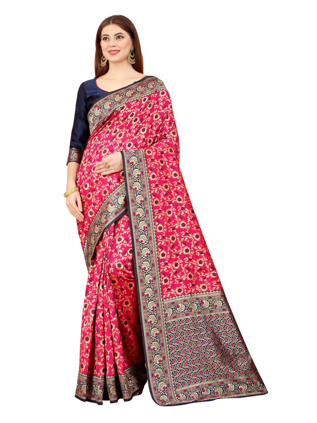 MOKSHA DESIGNS Red & Navy Blue Floral Zari Pure Silk Banarasi Saree Price in India