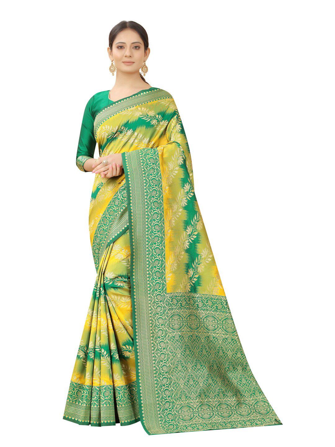 MOKSHA DESIGNS Green & Gold-Toned Woven Design Zari Pure Silk Banarasi Saree Price in India