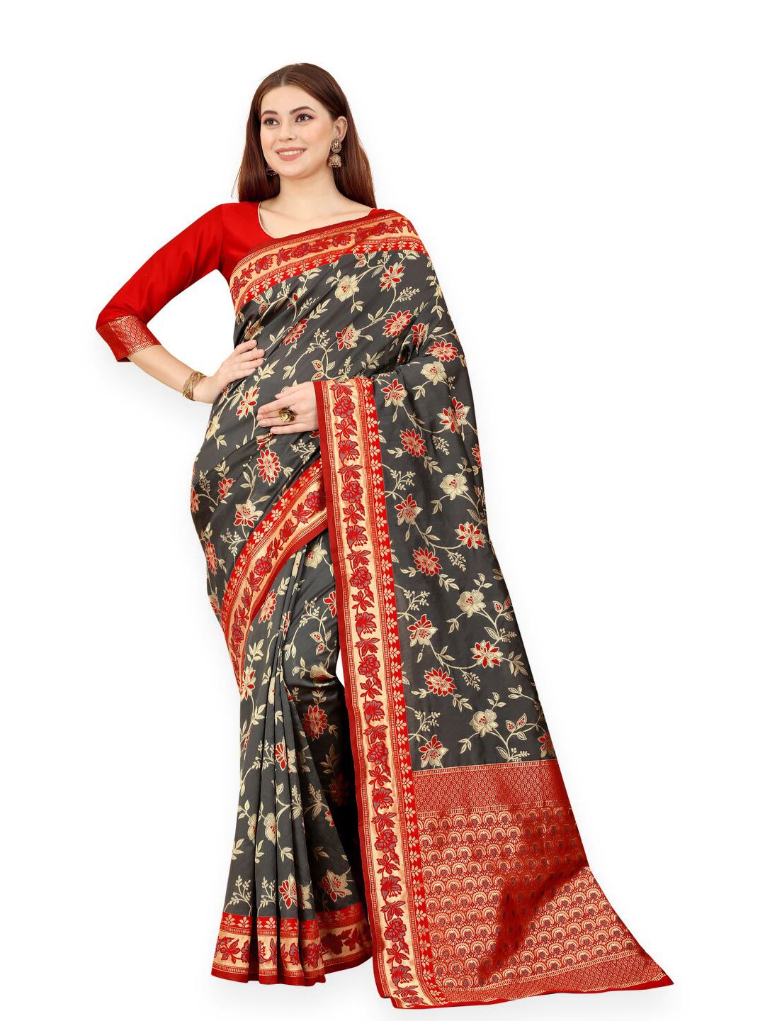 MOKSHA DESIGNS Grey & Red Woven Design Zari Pure Silk Banarasi Saree Price in India