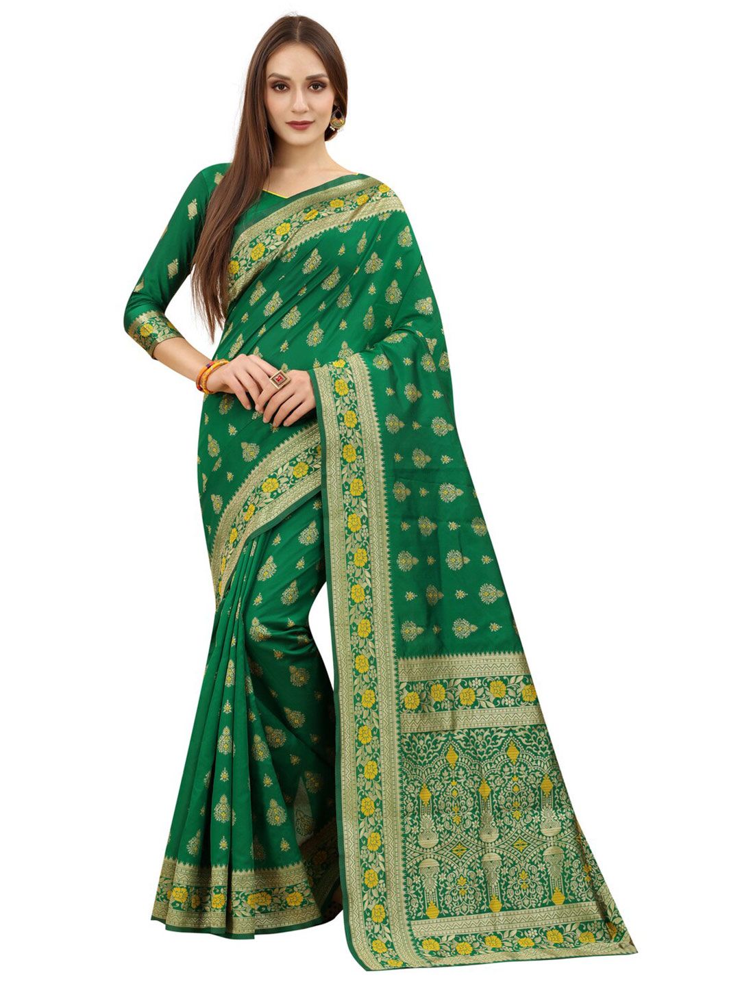 MOKSHA DESIGNS Green & Yellow Floral Zari Pure Silk Banarasi Saree Price in India