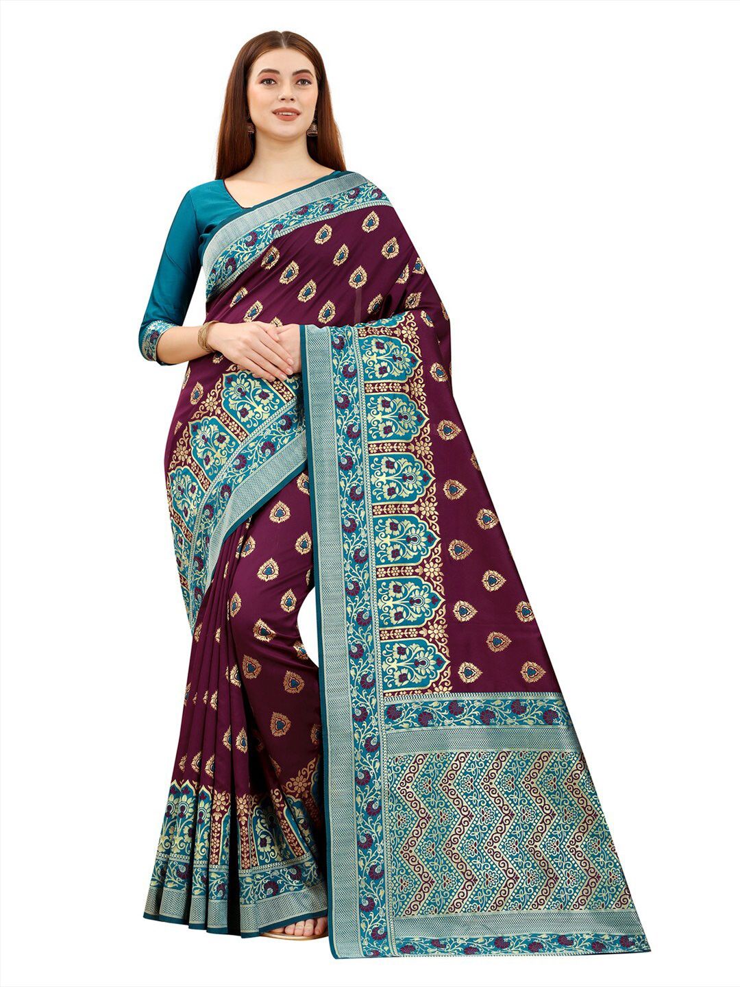 MOKSHA DESIGNS Burgundy & Blue Woven Design Zari Pure Silk Banarasi Saree Price in India