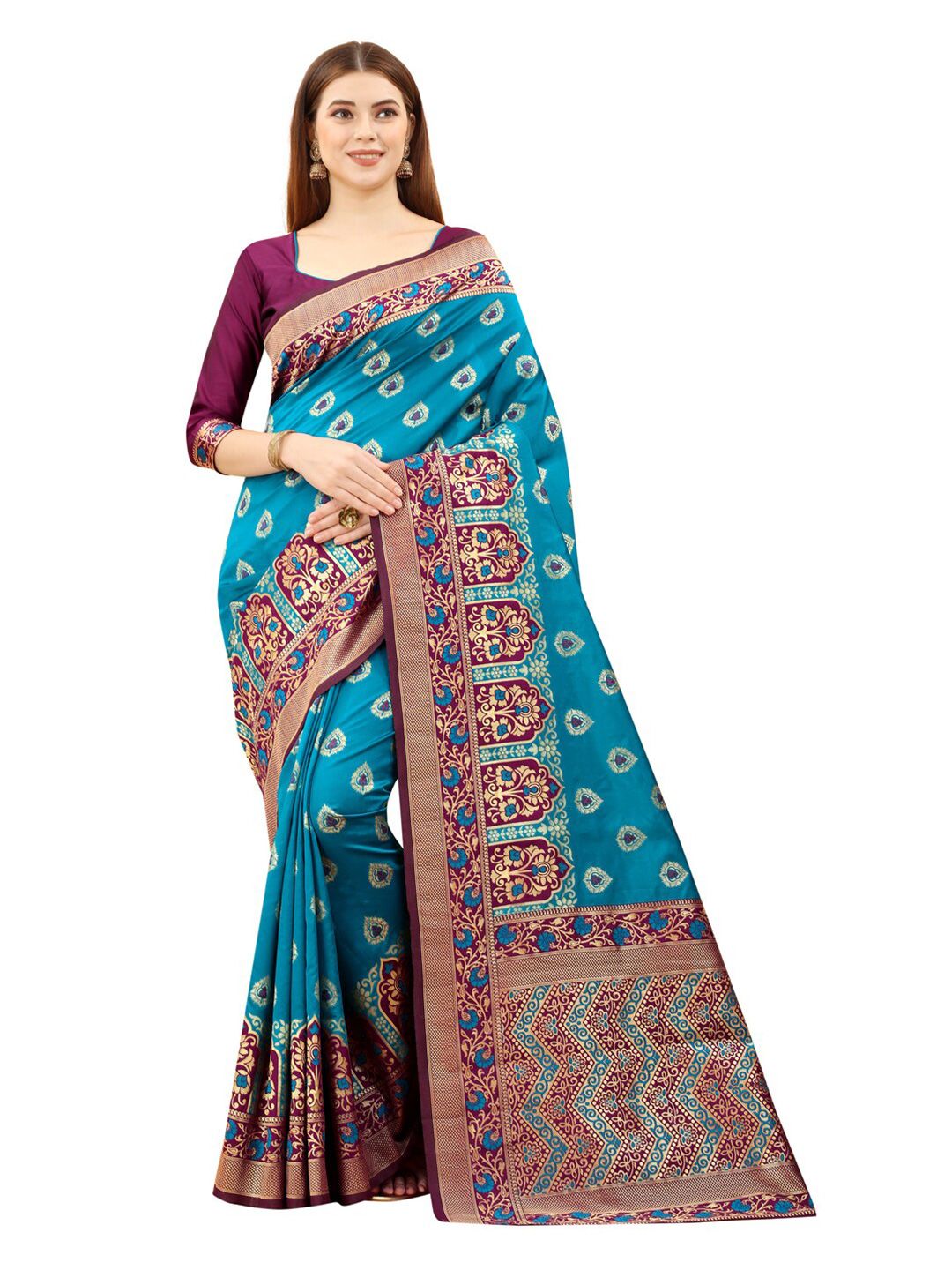 MOKSHA DESIGNS Blue & Burgundy Woven Design Zari Pure Silk Banarasi Saree Price in India