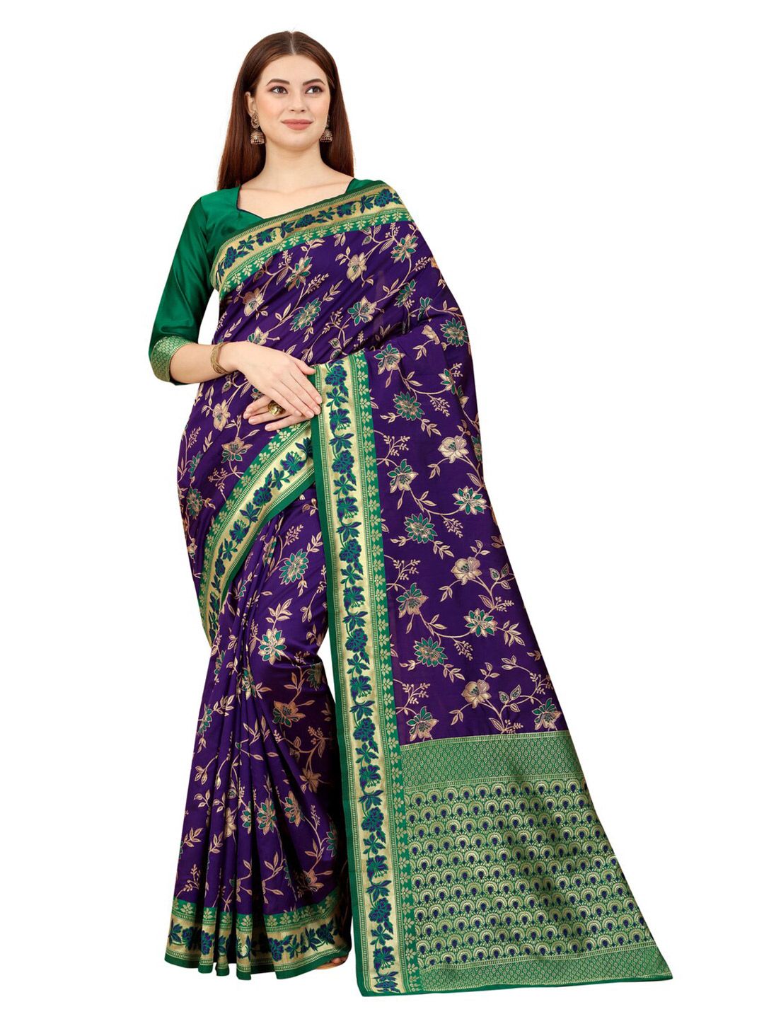 MOKSHA DESIGNS Purple & Green Floral Zari Pure Silk Banarasi Saree Price in India