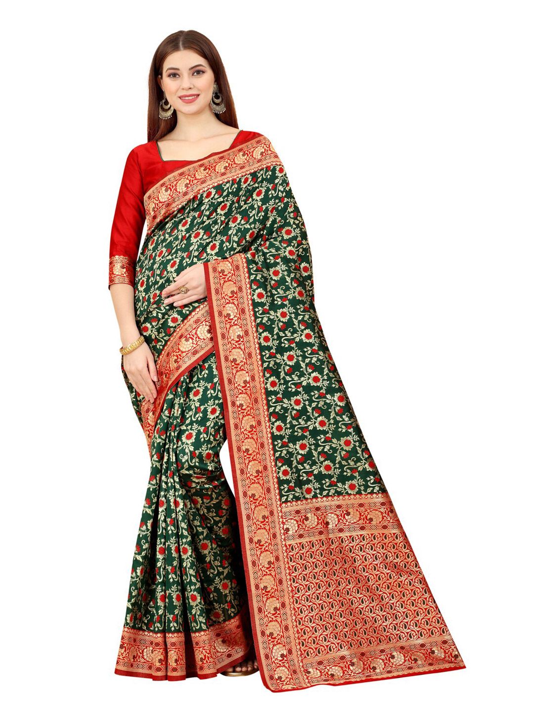 MOKSHA DESIGNS Green & Red Woven Design Zari Pure Silk Banarasi Saree Price in India