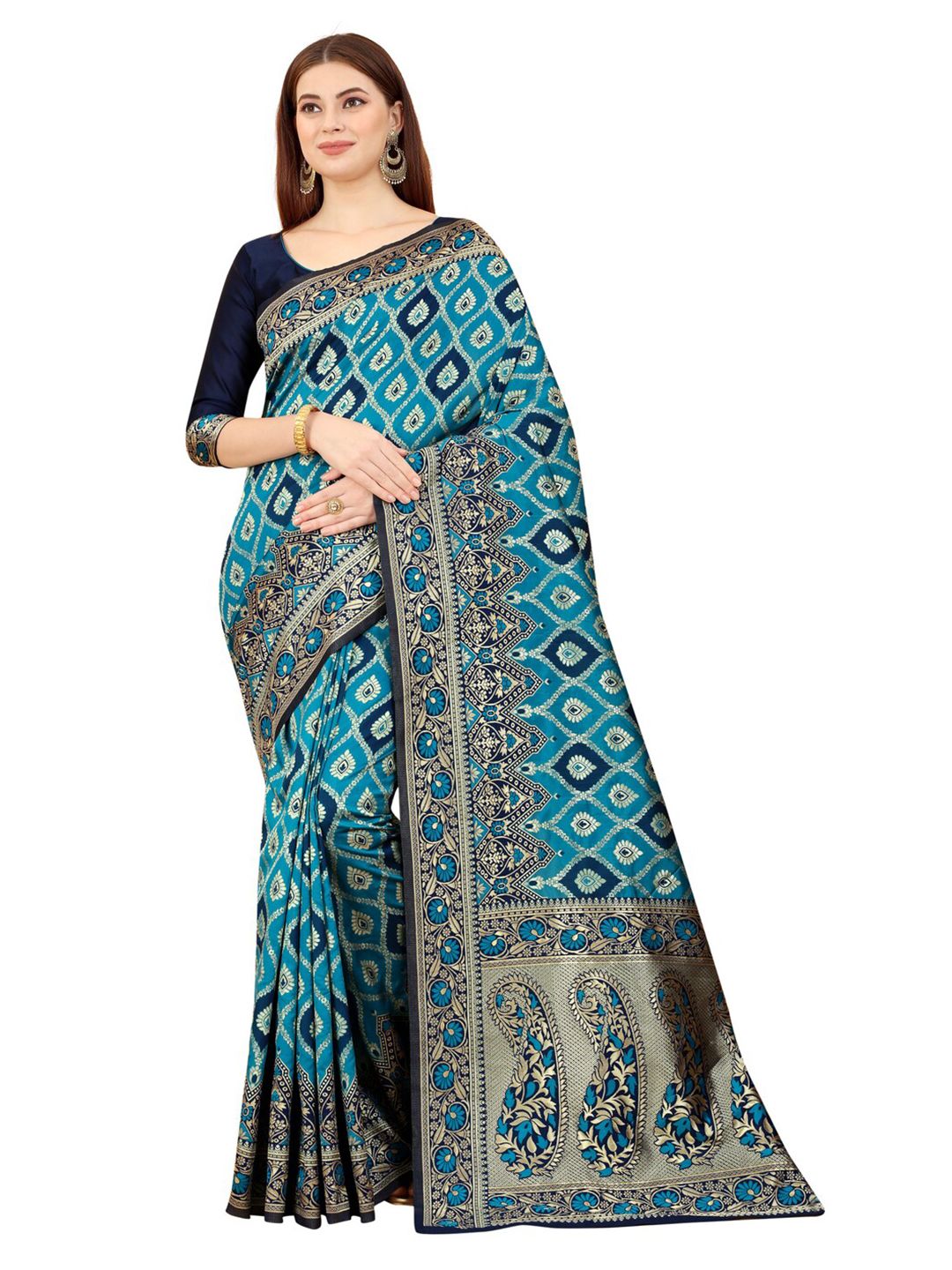 MOKSHA DESIGNS Blue And Gold-Toned Woven Design Zari Pure Silk Banarasi Saree Price in India