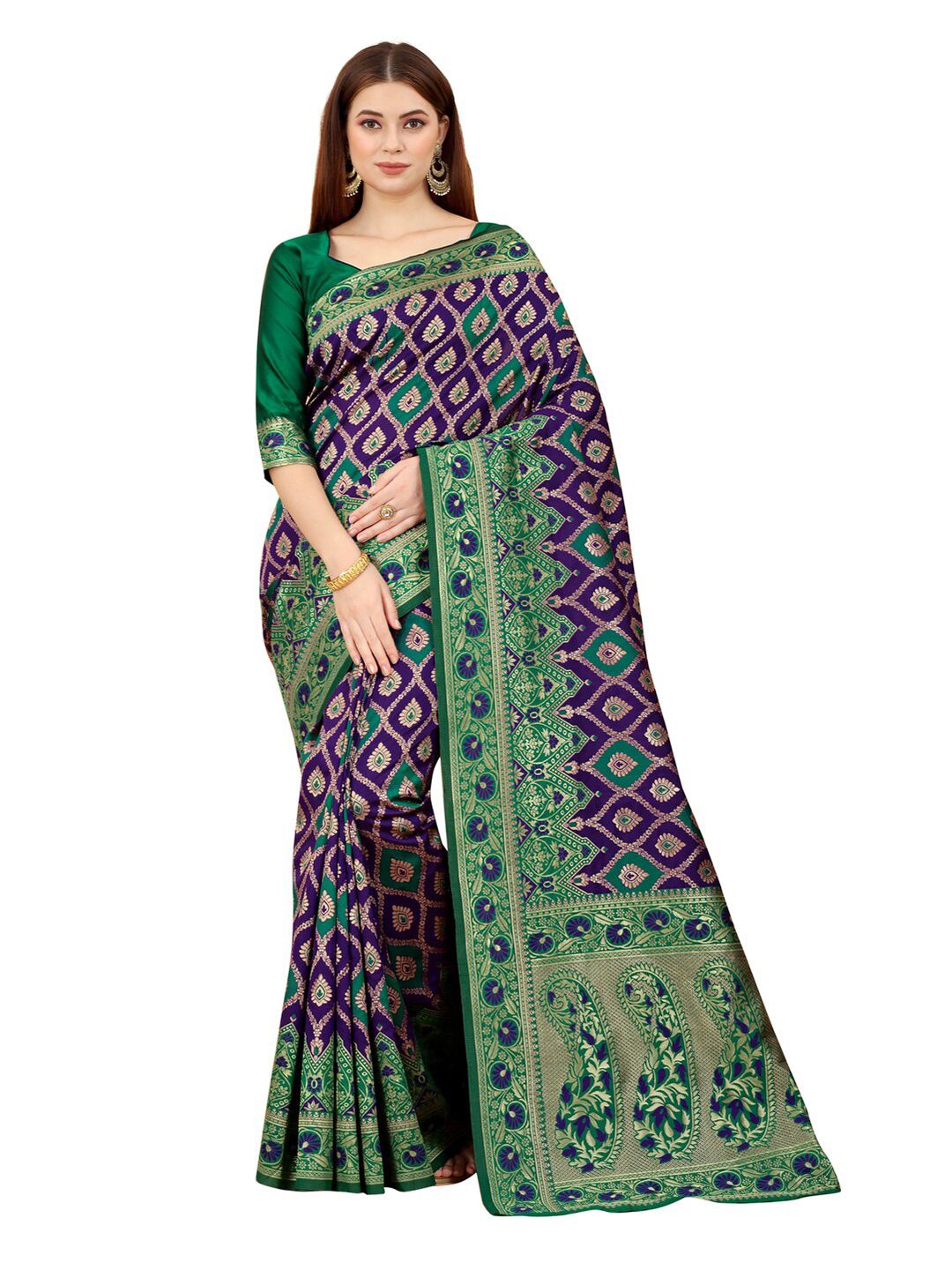 MOKSHA DESIGNS Purple & Green Woven Design Zari Pure Silk Banarasi Saree Price in India
