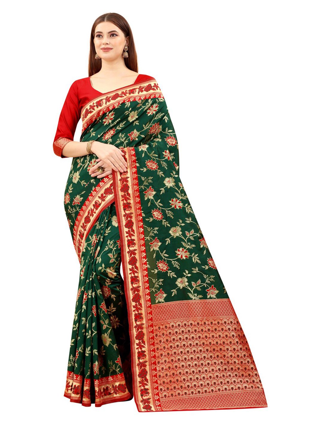MOKSHA DESIGNS Green & Red Woven Design Zari Pure Silk Banarasi Saree Price in India