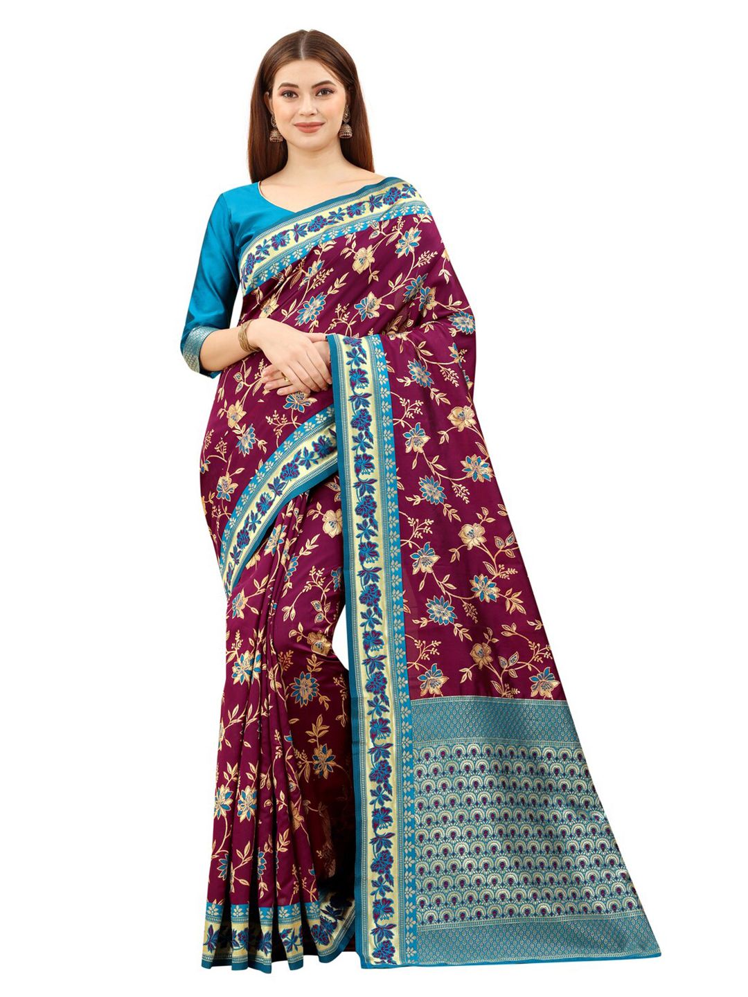 MOKSHA DESIGNS Burgundy & Blue Floral Zari Pure Silk Banarasi Saree Price in India