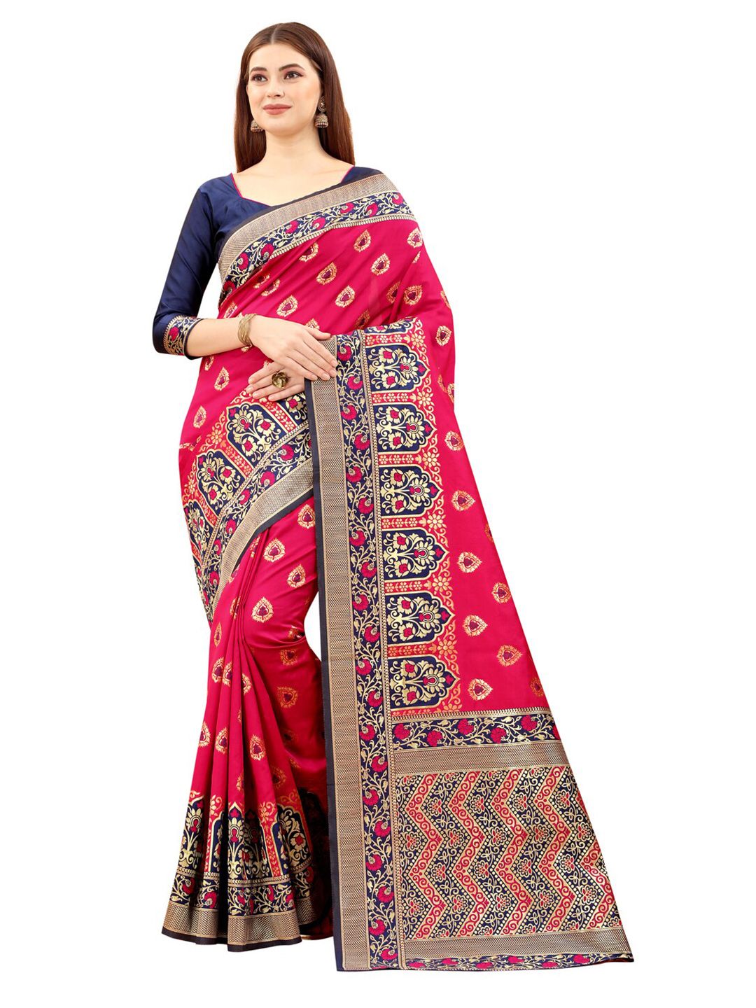 MOKSHA DESIGNS Rose & Blue Ethnic Motifs Zari Pure Silk Banarasi Saree Price in India