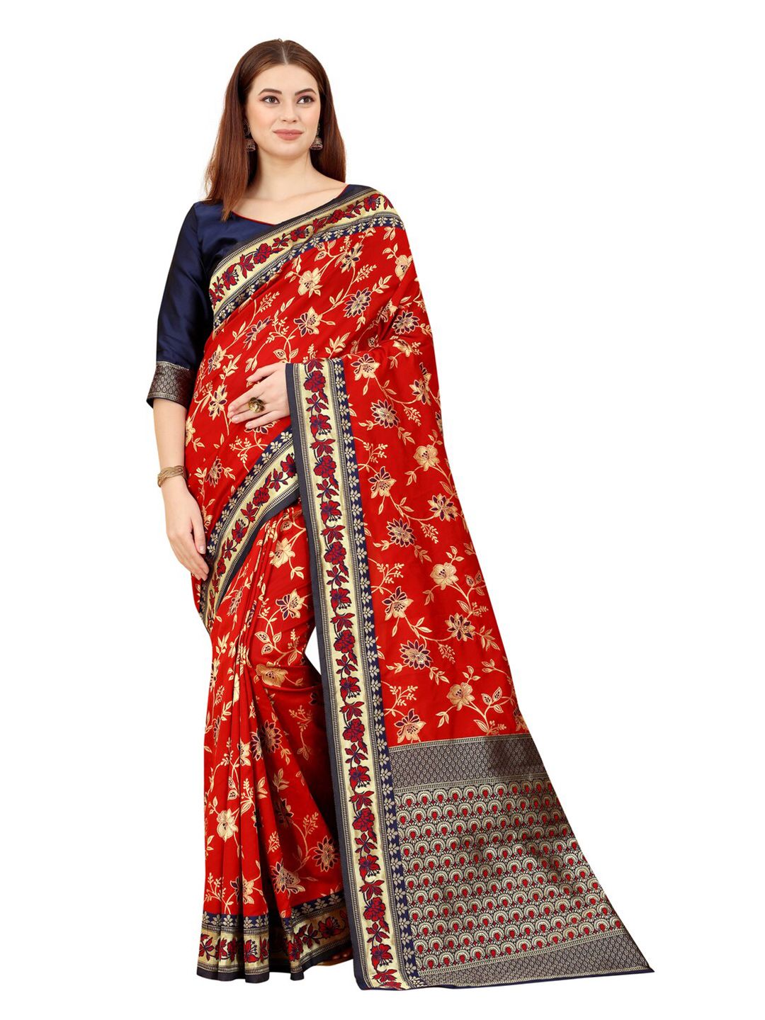 MOKSHA DESIGNS WomenRed & Gold-Toned Woven Design Zari Pure Silk Banarasi Saree Price in India