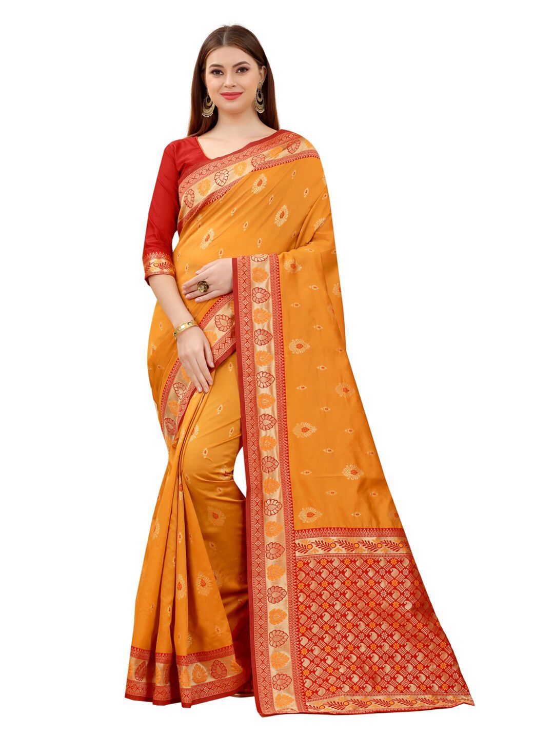 MOKSHA DESIGNS Gold-Toned & Red Woven Design Zari Pure Silk Banarasi Saree Price in India