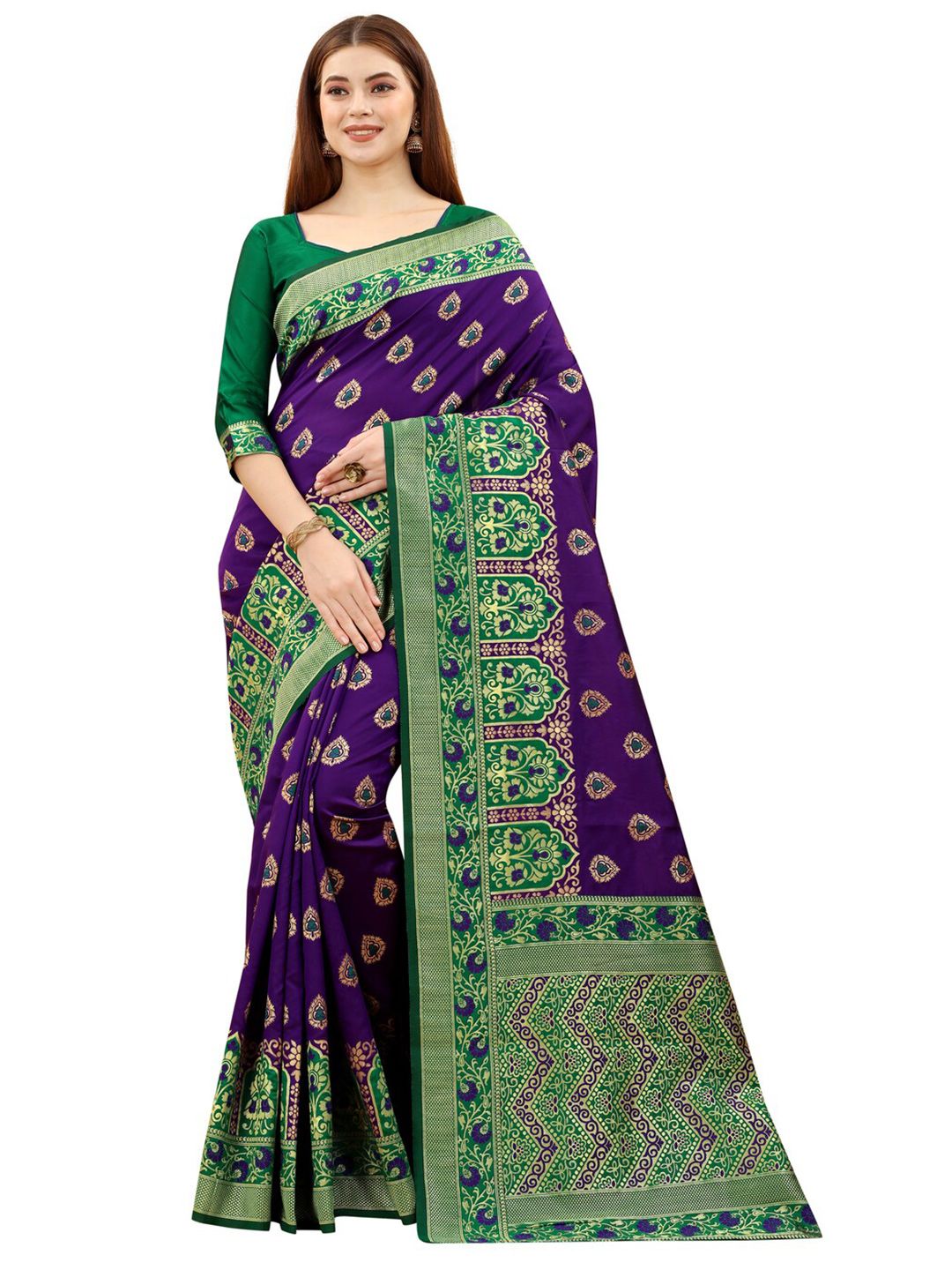 MOKSHA DESIGNS Purple & Green Woven Design Zari Pure Silk Banarasi Saree Price in India