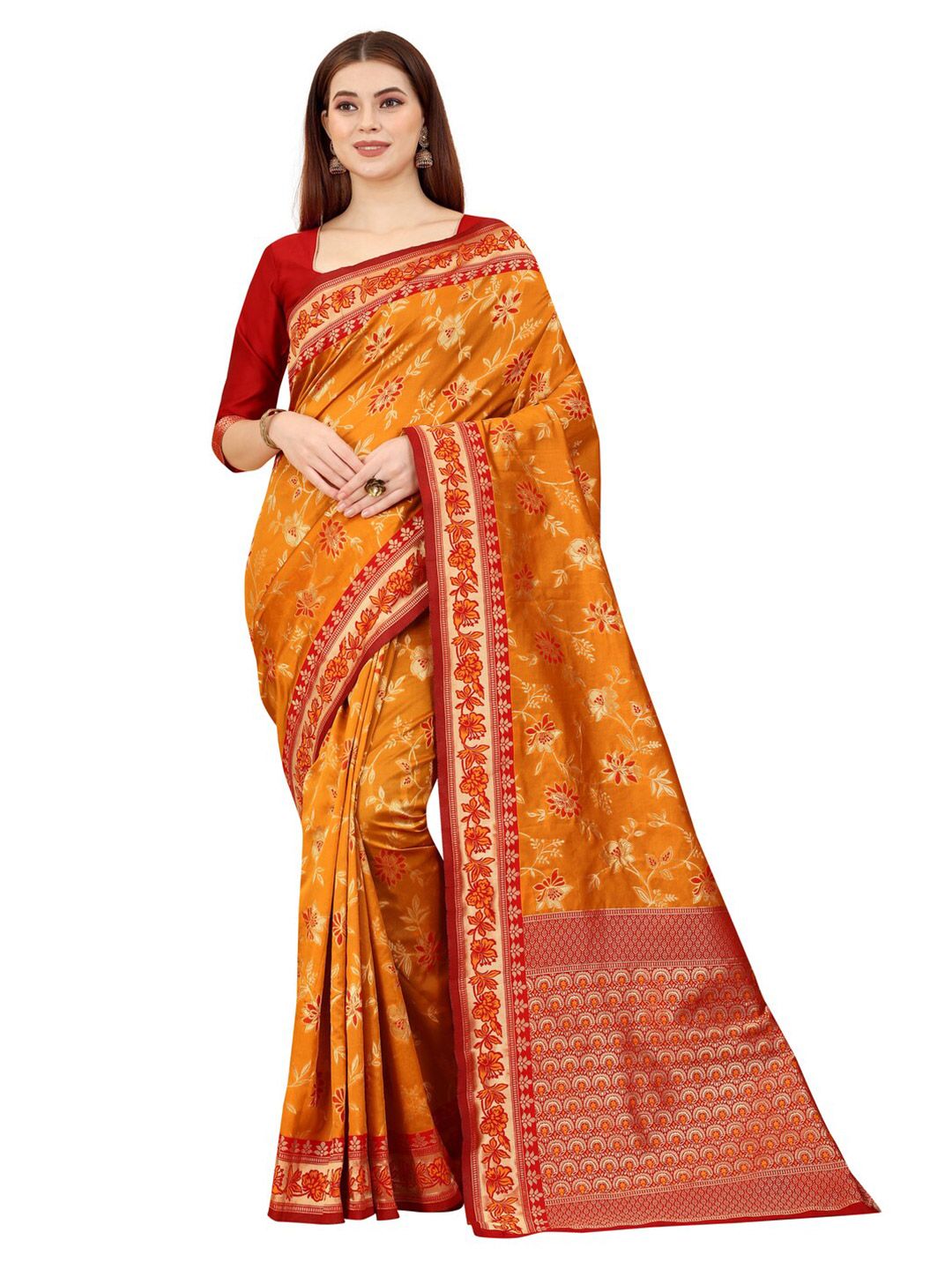 MOKSHA DESIGNS Gold-Toned & Red Ethnic Motifs Zari Pure Silk Banarasi Saree Price in India