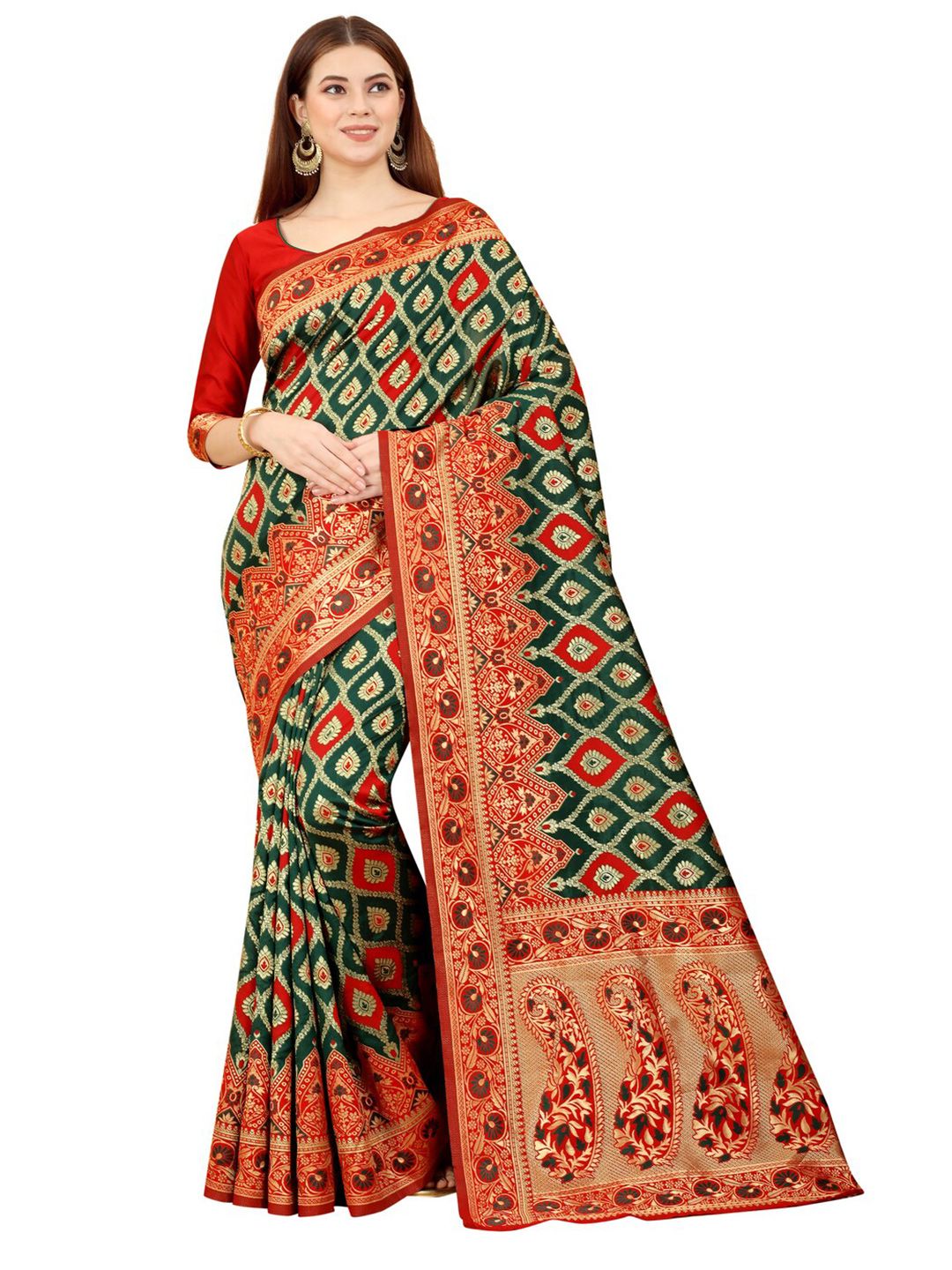 MOKSHA DESIGNS Green & Red Ethnic Motifs Zari Pure Silk Banarasi Saree Price in India