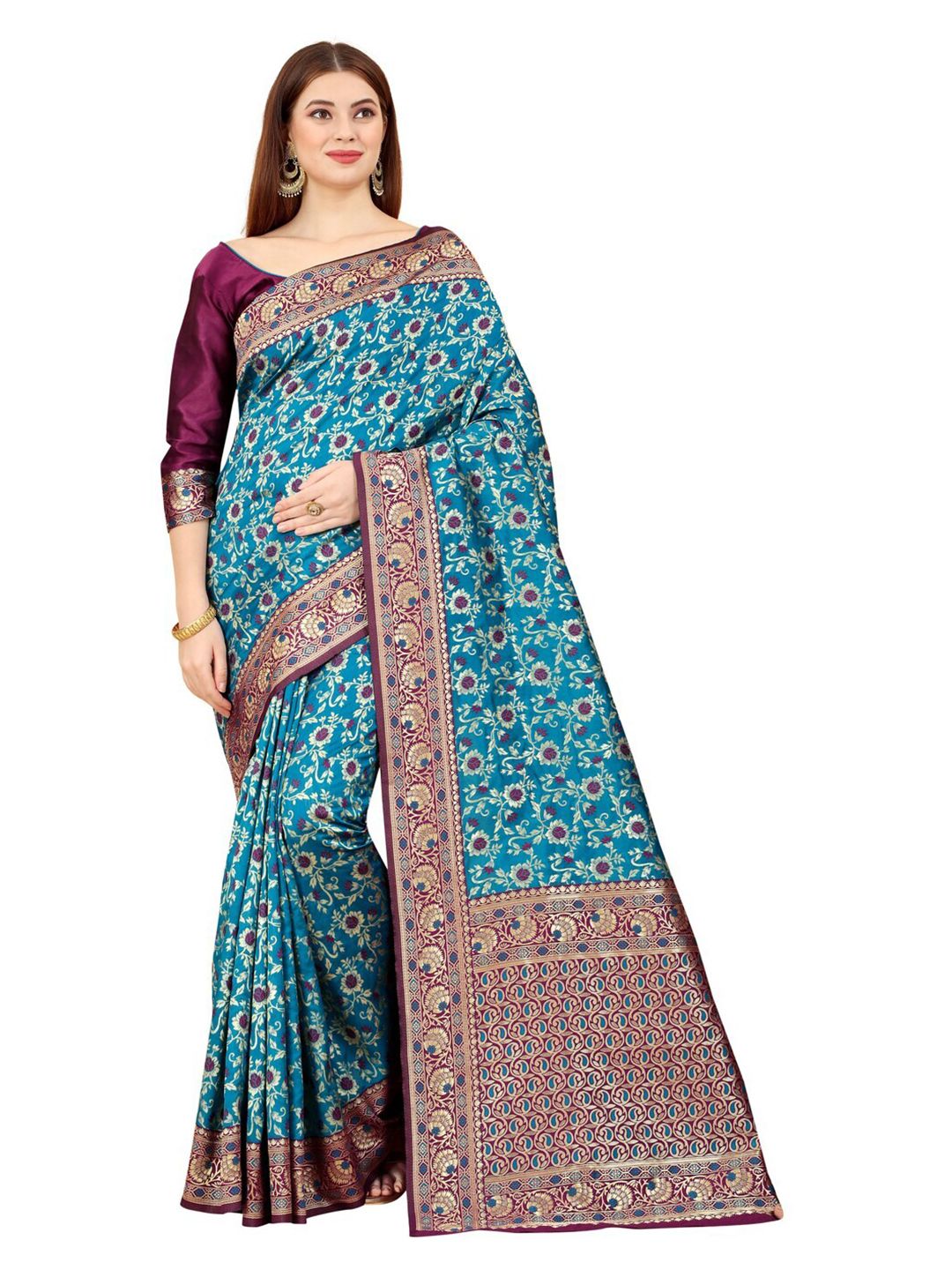 MOKSHA DESIGNS Blue & Burgundy Woven Design Zari Pure Silk Banarasi Saree Price in India