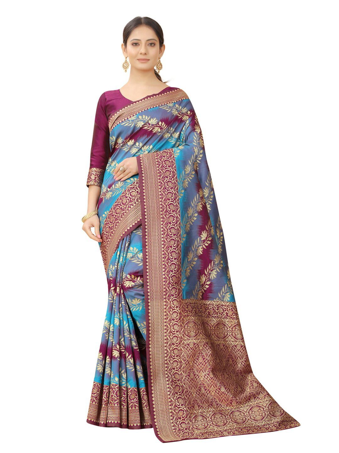 MOKSHA DESIGNS Burgundy & Blue Woven Design Zari Pure Silk Banarasi Saree Price in India