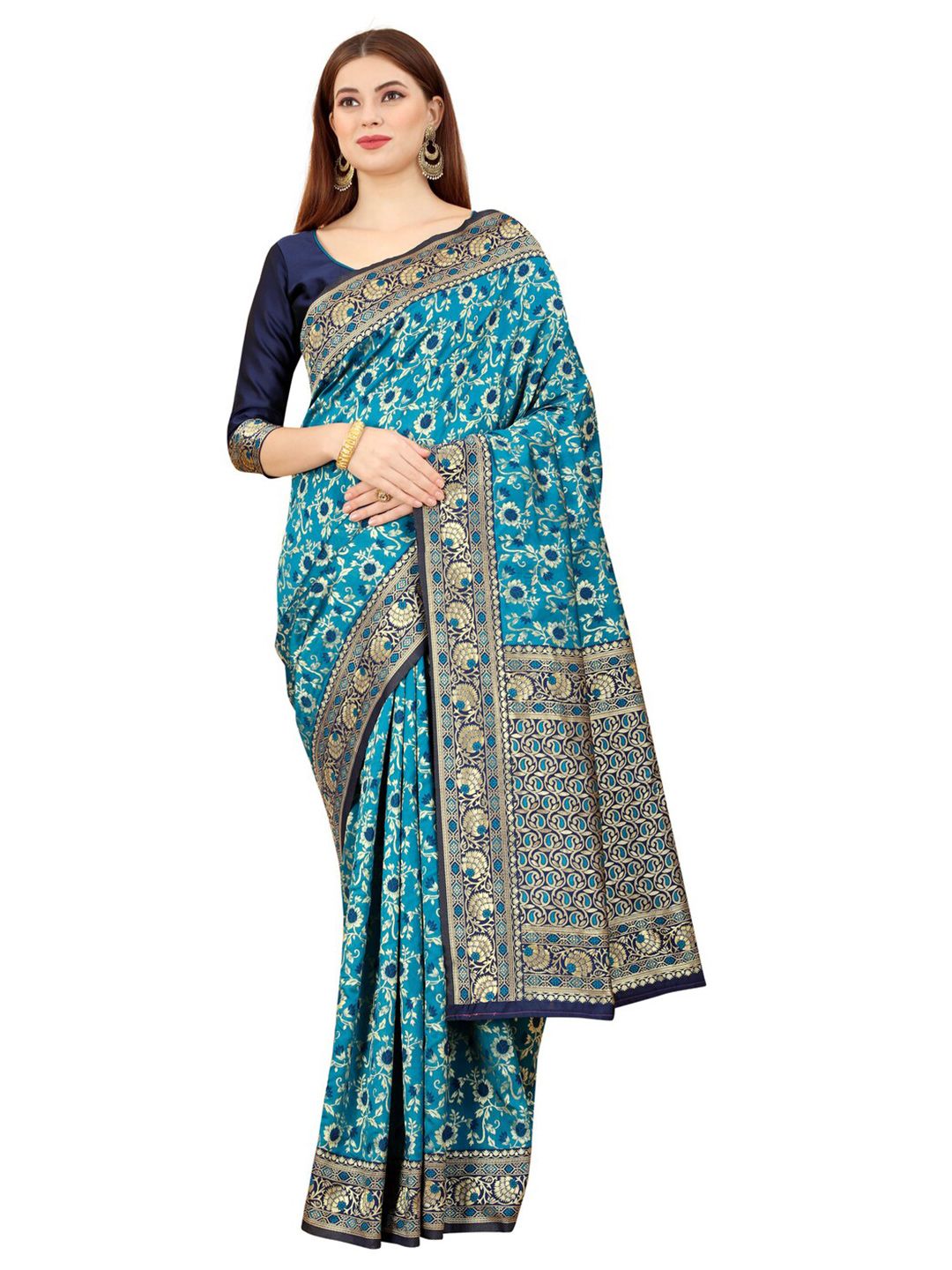 MOKSHA DESIGNS Women Blue & Gold-Toned Woven Design Zari Pure Silk Banarasi Saree Price in India