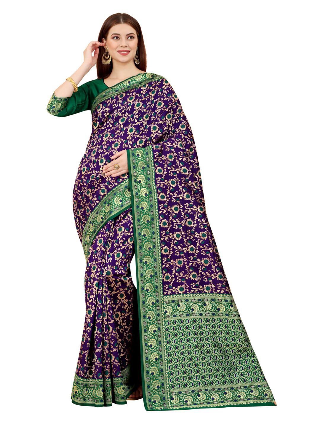 MOKSHA DESIGNS Purple & Green Ethnic Motifs Zari Pure Silk Banarasi Saree Price in India