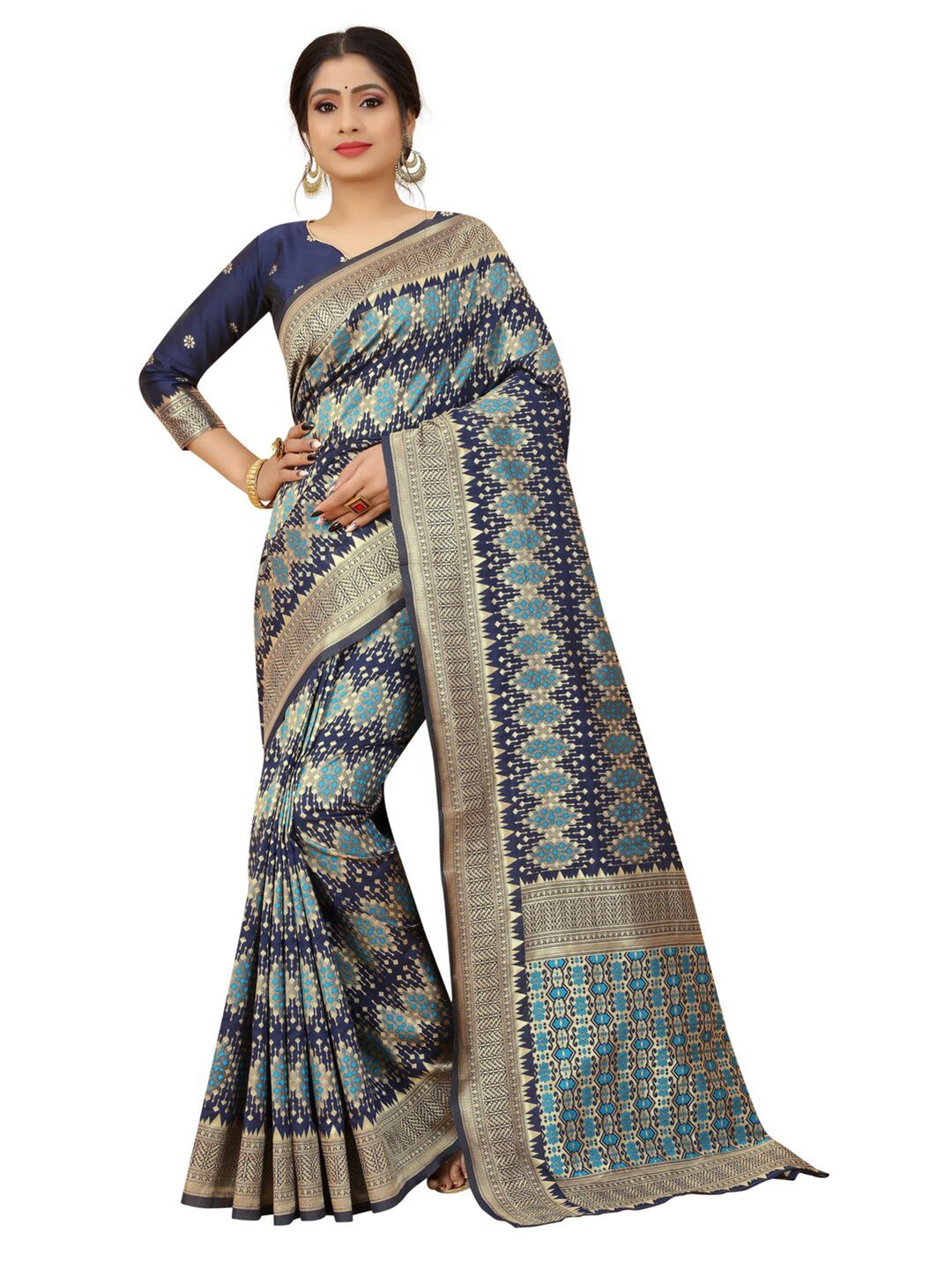 MOKSHA DESIGNS Navy Blue & Blue Woven Design Zari Pure Silk Banarasi Saree Price in India
