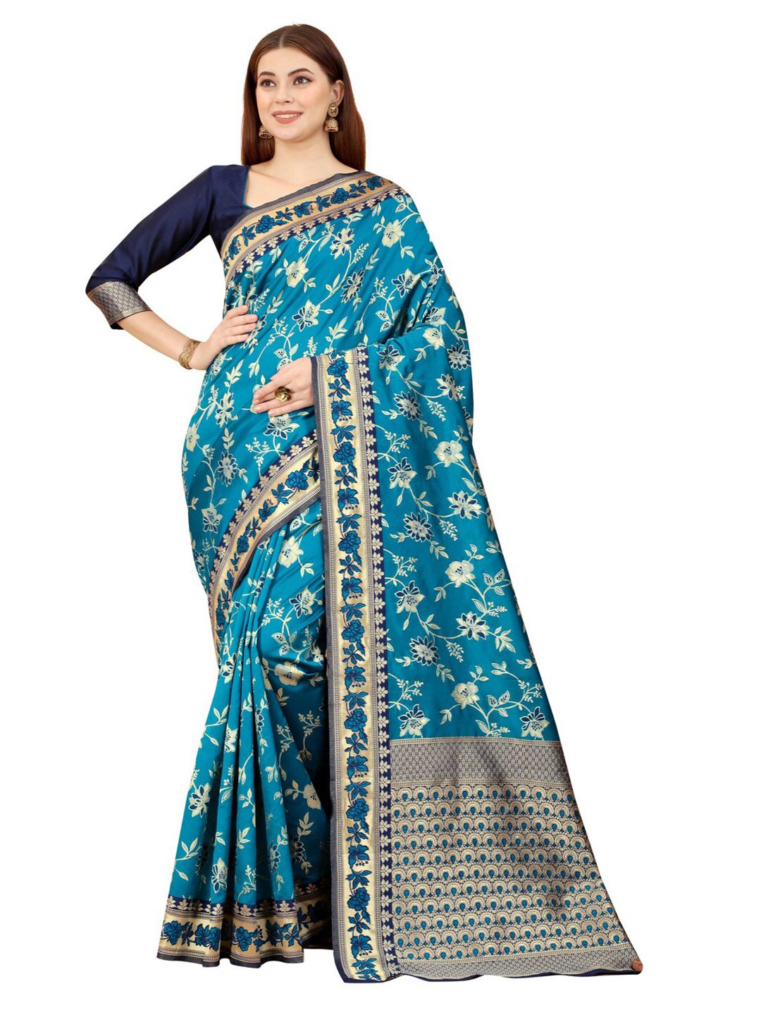 MOKSHA DESIGNS Blue & Silver-Toned Woven Design Zari Pure Silk Banarasi Saree Price in India