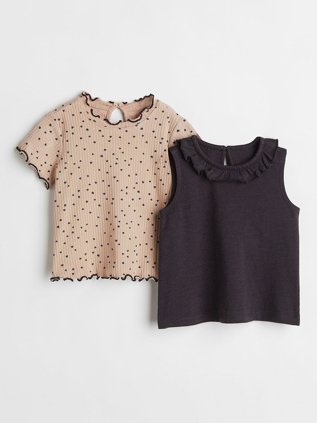 H&M Girls Beige & Charcoal Grey 2-Pack Cotton Tops Price in India