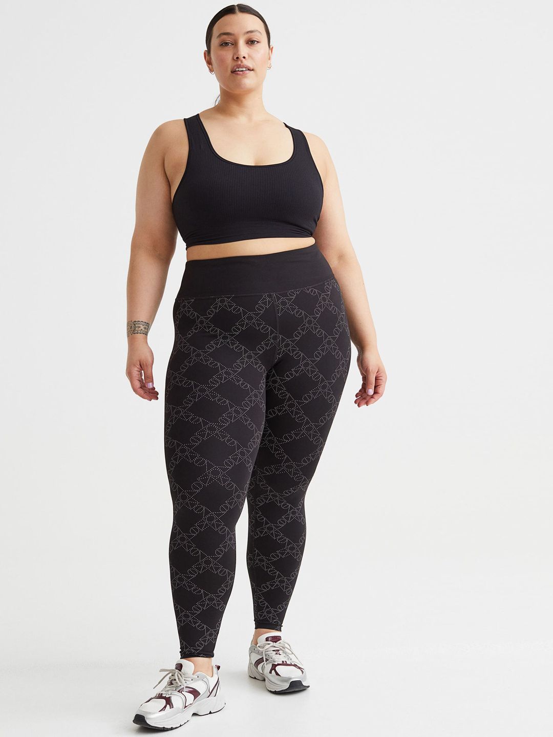 H&M Women Plus Size Black Monogram-Printed Running Tights Price in India