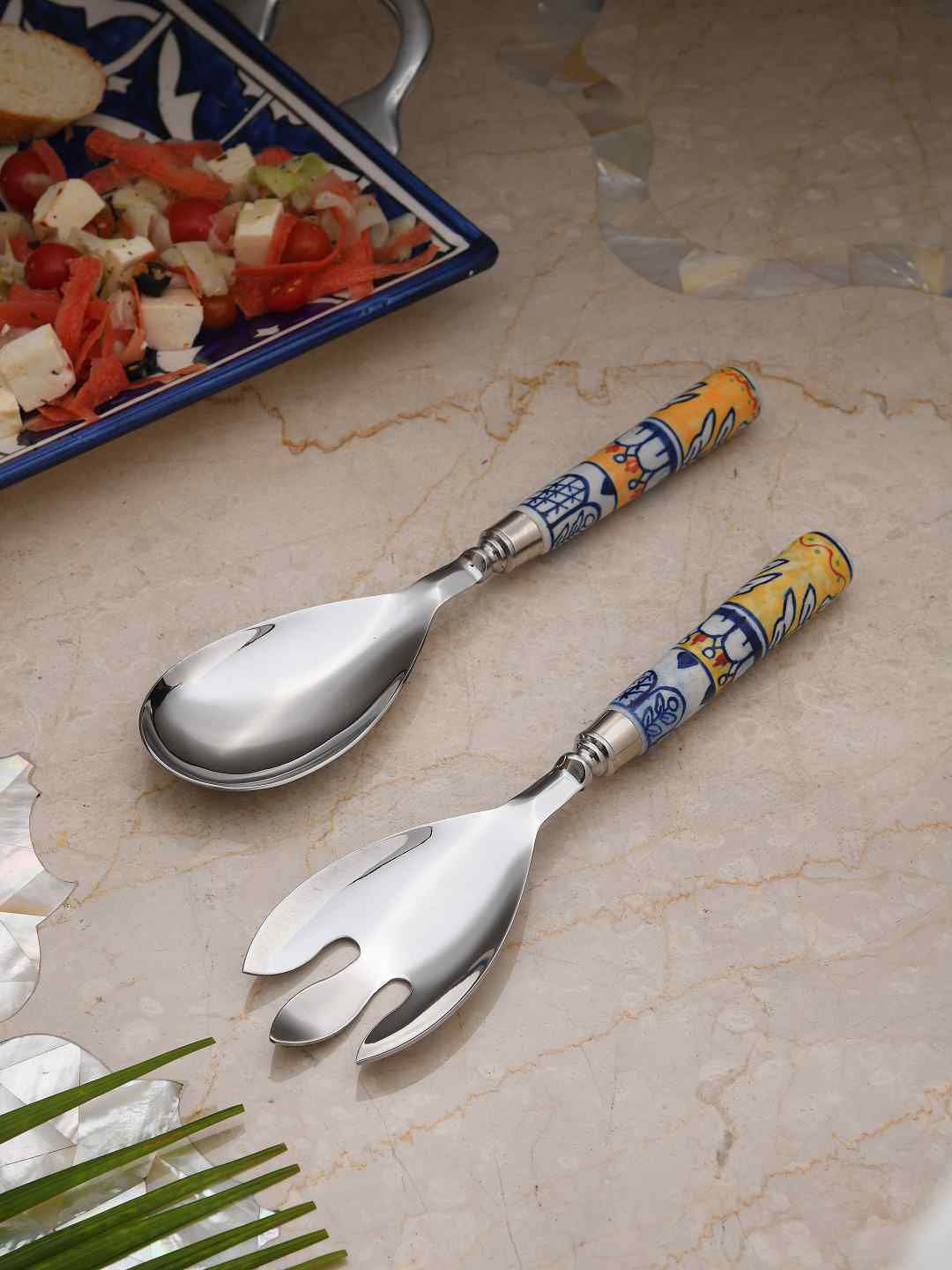Amoliconcepts Set Of 2 Yellow & Blue Hand Painted Salad Servers Cutlery Price in India