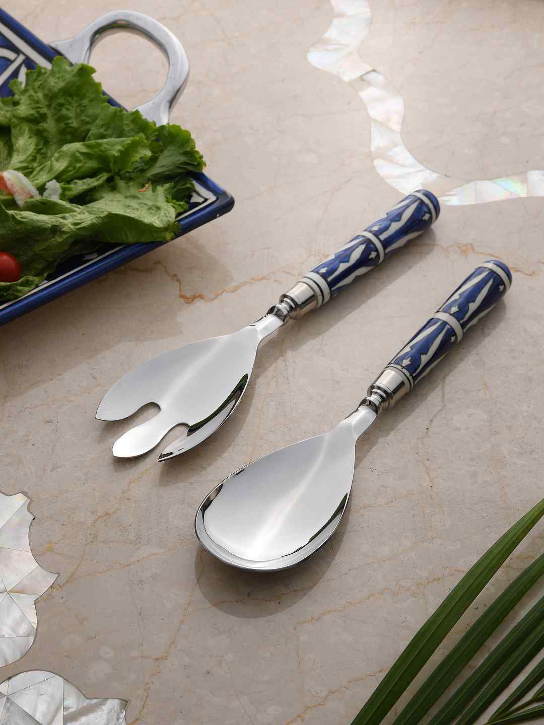 Amoliconcepts Set Of 2 Blue & White Hand Painted Salad Servers Set Price in India